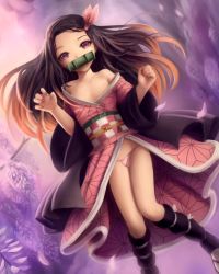 Rule 34 | 1girl, bit gag, bow, brown hair, commentary, crumbles, english commentary, fingernails, gag, gradient hair, hair bow, hands up, highres, japanese clothes, kamado nezuko, kimetsu no yaiba, kimono, long hair, long sleeves, looking at viewer, multicolored hair, off shoulder, orange hair, panties, pink bow, pink kimono, pink panties, purple eyes, sharp fingernails, socks, solo, underwear