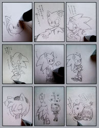 Rule 34 | 1boy, 1girl, puff of air, amy rose, anger vein, animal ears, animal nose, arm up, bare shoulders, body fur, boots, breasts, bukiko, clenched hands, comic, drawing, dress, closed eyes, fleeing, from behind, full body, furry, gloves, greyscale, hairband, half-closed eyes, hammer, hand up, hands together, hands up, happy, holding, holding hammer, huge weapon, interlocked fingers, japanese text, leaning forward, legs together, long hair, looking at another, looking back, looking down, looking to the side, monochrome, motion lines, multiple views, notice lines, open mouth, outstretched arm, pencil, photo (medium), running, shoes, sideways mouth, simple background, sitting, sketch, sleeveless, sleeveless dress, small breasts, smile, socks, sonic (series), sonic the hedgehog, sparkle, standing, sweat, tail, talking, text focus, traditional media, translation request, weapon, white background, wide-eyed