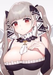 Rule 34 | 1girl, azur lane, black nails, blush, bow, breasts, cleavage, closed mouth, collarbone, detached collar, dress, earrings, formidable (azur lane), frilled dress, frills, grey hair, hair bow, hand on own chest, hand up, jewelry, large breasts, long hair, looking at viewer, nail polish, red eyes, solo, twintails, upper body, yoshihiro (yoshihiro12190)