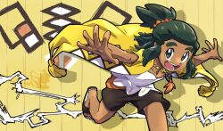 Rule 34 | 1boy, alolan form, alolan raichu, character print, collarbone, commentary request, creatures (company), dark-skinned male, dark skin, game freak, gen 7 pokemon, green hair, hau (pokemon), hau (sygna suit) (pokemon), jewelry, looking at viewer, male focus, necklace, nintendo, official alternate costume, okiza yuuri, open mouth, outstretched arms, pokemon, pokemon masters ex, ponytail, smile, solo
