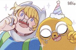 Rule 34 | 2boys, adventure time, bad id, bad twitter id, blonde hair, blue eyes, blue shirt, finn the human, glasses, hat, jake the dog, looking at viewer, male focus, multiple boys, open mouth, party hat, round eyewear, shirt, simple background, smile, sparkle, suae, teardrop-framed glasses, upper body, white background, white headwear