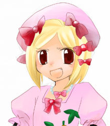 Rule 34 | 00s, 1girl, blonde hair, bow, brown eyes, hair bow, hat, jewelry, lambdadelta, lowres, multiple hair bows, necklace, pink hat, puffy sleeves, ribbon, short hair, solo, umineko no naku koro ni, white background