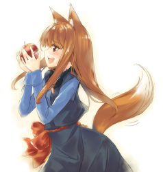 Rule 34 | 00s, 1girl, animal ear fluff, animal ears, apple, blouse, blue shirt, drooling, food, from side, fruit, holding, holding food, holding fruit, holo, kawakami shuuichi, mouth drool, shirt, shu (artist), simple background, solo, spice and wolf, tail, wolf ears, wolf tail