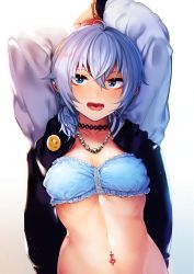 Rule 34 | 1girl, akagi asahito, arms up, blue bra, blue eyes, blue hair, blush, bra, bracelet, breasts, choker, ear piercing, fuha mika (akagi asahito), highres, jacket, jewelry, looking at viewer, matching hair/eyes, nail polish, navel, navel piercing, necklace, open clothes, open jacket, open mouth, original, piercing, purple nails, simple background, small breasts, solo, teeth, tongue, underwear, white background