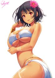 Rule 34 | 1girl, alternate costume, artist name, ass, belly chain, bikini, black hair, blue nails, blush, bracelet, breasts, cowboy shot, flower, from side, front-tie bikini top, front-tie top, hair flower, hair ornament, hand on own cheek, hand on own face, highres, jewelry, kantai collection, large breasts, looking at viewer, messy hair, nail polish, navel, o-ring, o-ring bikini, open mouth, red eyes, sakiyamama, short hair, simple background, solo, sparkle, swimsuit, takao (kancolle), tan, tanline, twisted torso, upper body, white background, white bikini