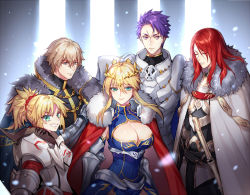 Rule 34 | &gt;;d, 2girls, 3boys, ;d, aqua eyes, armor, artoria pendragon (fate), artoria pendragon (lancer) (fate), blonde hair, blue eyes, blush, breastplate, breasts, cape, chain, cleavage, closed eyes, closed mouth, commentary request, crown, fate/apocrypha, fate/grand order, fate (series), fhalei, fur trim, gawain (fate), grin, knights of the round table (fate), lancelot (fate/grand order), large breasts, long hair, looking at viewer, mordred (fate), mordred (fate/apocrypha), multiple boys, multiple girls, one eye closed, open mouth, pauldrons, ponytail, purple eyes, red cape, red eyes, scrunchie, shoulder armor, smile, standing, sword, tristan (fate), v-shaped eyebrows, weapon