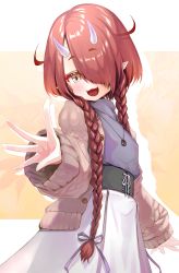 Rule 34 | 1girl, :d, aran sweater, braid, brown sweater, cable knit, cardigan, fangs, grey shirt, hair over one eye, high-waist skirt, highres, hoozuki warabe, horns, jewelry, kajimakoto, long hair, looking at viewer, low twin braids, necklace, noripro, oni horns, open mouth, paid reward available, pointy ears, red hair, shirt, skirt, smile, solo, sweater, thick eyebrows, turtleneck, twin braids, virtual youtuber, white skirt, yellow eyes