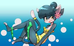 Rule 34 | 1girl, artist request, blue hair, brown eyes, cat, copyright request, female focus, furry, furry female, gradient background, highres, open mouth, short hair, solo, swimsuit, underwater