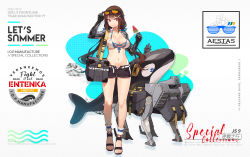 Rule 34 | 1girl, adjusting eyewear, arm up, bikini, breasts, brown hair, cleavage, cyborg, drone, eyewear on head, fangdan runiu, food, front-tie bikini top, front-tie top, full body, girls&#039; frontline, inflatable orca, inflatable toy, js 9 (girls&#039; frontline), js 9 (orca&#039;s journey) (girls&#039; frontline), large breasts, long hair, low twintails, mechanical arms, mole, mole under eye, navel, official alternate costume, official art, open pants, pants, popsicle, red eyes, sandals, short shorts, shorts, solo, standing, sunglasses, swimsuit, twintails, unmanned ground vehicle, watermelon bar, white bikini