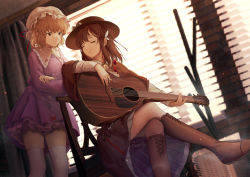 Rule 34 | 2girls, acoustic guitar, between fingers, black headwear, black skirt, window blinds, blurry, blurry background, boots, brooch, brown capelet, brown eyes, brown footwear, brown hair, capelet, chinese commentary, cigarette, commentary request, cropped legs, cross-laced footwear, crossed arms, curtains, day, depth of field, dress, dutch angle, closed eyes, furahata gen, guitar, hat, highres, holding, holding cigarette, holding instrument, indoors, instrument, jewelry, crossed legs, light particles, long sleeves, looking at another, maribel hearn, mob cap, multiple girls, petticoat, purple dress, shirt, short dress, short hair, sitting, skindentation, skirt, smile, table, thighhighs, touhou, usami renko, white headwear, white legwear, white shirt, window
