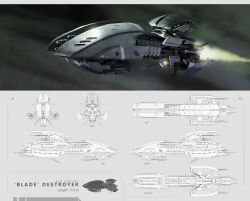 Rule 34 | absurdres, advanced ship (eve online), battlecruiser (eve online), character sheet, commentary, concept art, copyright name, english commentary, english text, eve online, flying, from side, glowing, highres, kianchai, military vehicle, multiple views, no humans, original, outdoors, science fiction, spacecraft, thrusters, vehicle focus