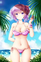 Rule 34 | 1girl, ahoge, arm behind back, bare shoulders, beach, bikini, blush, bow, breasts, bush, cleavage, closed mouth, cloud, cloudy sky, collarbone, colored eyelashes, day, eyebrows, frilled bikini, frills, groin, hair bow, twirling hair, head tilt, highres, large breasts, light smile, looking at viewer, navel, ocean, one side up, original, outdoors, palm tree, plaid, plaid bikini, plaid bow, purple bikini, purple eyes, purple hair, shiny skin, short hair, side-tie bikini bottom, sky, solo, standing, stomach, swimsuit, taut clothes, thigh gap, tree, tsurime, wristband, wsman