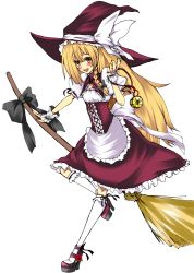 Rule 34 | 1girl, apron, blonde hair, blush, bow, braid, broom, colorized, curiosities of lotus asia, female focus, hair bow, hat, hat bow, highres, kirisame marisa, kurekore, long hair, mini-hakkero, open mouth, simple background, single braid, solo, touhou, very long hair, witch, witch hat, wrist cuffs, yellow eyes