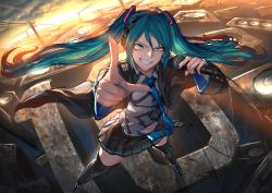 Rule 34 | 1girl, amplifier, green hair, grin, hatsune miku, joki yoh, microphone, scenery, smile, solo, thighhighs, twintails, vocaloid