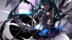 Rule 34 | 1girl, 7th dragon (series), 7th dragon 2020, aqua eyes, aqua hair, bad id, bad pixiv id, bare shoulders, detached sleeves, hatsune miku, highres, long hair, looking at viewer, microphone, microphone stand, shirt, skirt, solo, swd3e2, torn clothes, torn sleeves, twintails, very long hair, vocaloid