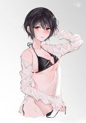 Rule 34 | 1girl, absurdres, aged up, bad id, bad pixiv id, bikini, black bikini, black hair, blush, breasts, brown eyes, cleavage, closed mouth, collarbone, commentary, cowboy shot, cropped legs, d4dj, english commentary, giraffe three, grey background, hair between eyes, halterneck, hand up, highres, long sleeves, looking at viewer, miyake aoi, nipple slip, nipples, open clothes, open shirt, shirt, short hair, side-tie bikini bottom, small breasts, solo, string bikini, swimsuit, twitter username, untied bikini, wet, wet clothes, wet shirt, white background