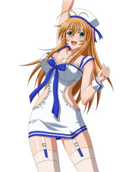 Rule 34 | 00s, 1girl, blonde hair, blush, breasts, costume, dress, green eyes, hat, ikkitousen, large breasts, long hair, official art, open mouth, smile, sonsaku hakufu, standing, thighhighs, white background