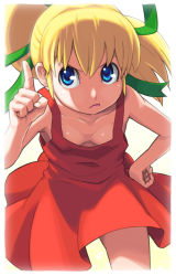 Rule 34 | &gt;:t, 1girl, :t, angry, bare shoulders, blonde hair, blue eyes, breasts, cleavage, closed mouth, collarbone, commentary request, cowboy shot, downblouse, dress, gradient background, green ribbon, hair ribbon, hand on own hip, high ponytail, index finger raised, leaning forward, legs apart, long hair, looking at viewer, maruta kentarou, mega man (classic), mega man (series), no bra, ponytail, red dress, ribbon, roll (mega man), sleeveless, sleeveless dress, small breasts, solo, standing, two-tone background, v-shaped eyebrows, white background, yellow background