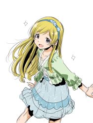Rule 34 | 1girl, blonde hair, blue hairband, blue ribbon, blue skirt, blush, bracelet, collarbone, cowboy shot, dot nose, eyelashes, frilled shirt, frilled skirt, frilled sleeves, frills, green shirt, hair ribbon, hairband, highres, idolmaster, idolmaster million live!, idolmaster million live! theater days, jewelry, long hair, looking at viewer, matcha kingyo, necklace, official alternate costume, official alternate hairstyle, open mouth, parted bangs, private dress (idolmaster million live!), purple eyes, ribbon, shirt, short sleeves, sidelocks, simple background, skirt, smile, solo, sparkle, standing, straight hair, white background