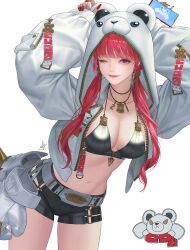 Rule 34 | 1girl, absurdres, animal hood, arms up, belt, bikini, bikini top only, breasts, daeho cha, highres, hood, hooded jacket, jacket, jewelry, large breasts, leaning forward, long hair, looking at viewer, navel, necklace, one eye closed, open clothes, open jacket, original, shorts, smile, solo, swimsuit, twintails, white background