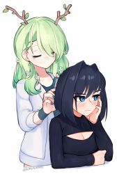 Rule 34 | 2girls, alternate costume, annoyed, antlers, black hair, black sweater, blue eyes, blue nails, blush, braid, braided bangs, breasts, brushing another&#039;s hair, brushing hair, ceres fauna, cleavage, cleavage cutout, closed eyes, clothing cutout, commentary, english commentary, green hair, grey jacket, hair behind ear, hair intakes, hand on own face, highres, hololive, hololive english, horns, jacket, large breasts, medium hair, mole, mole under eye, multiple girls, nail polish, ouro kronii, short hair, simple background, single braid, smile, sweater, twitter username, virtual youtuber, white background, yoako