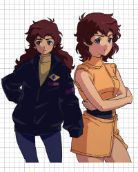 1girl amuro_ray blue_eyes brown_hair char&#039;s_counterattack dress earth_federation earth_federation_space_forces genderswap genderswap_(mtf) gundam highres jacket long_hair looking_at_viewer retro_artstyle short_hair yy0880yy zeta_gundam