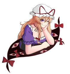 Rule 34 | 1girl, arm rest, aura, blonde hair, bow, breasts, choker, cleavage, corset, dress, gap (touhou), hair between eyes, hair bow, hand on own face, hat, hat ribbon, highres, large breasts, long hair, looking down, mob cap, one eye closed, outline, ozu (agito100001), puffy short sleeves, puffy sleeves, purple dress, purple eyes, red eyes, ribbon, ribbon choker, short sleeves, sidelocks, simple background, smile, solo, touhou, very long hair, white background, yakumo yukari