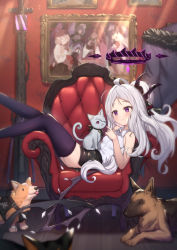 Rule 34 | 1girl, ahoge, animal, armchair, black skirt, blue archive, blush, breasts, cat, cat on person, chair, collared shirt, commentary request, dog, drawing (object), feet out of frame, halo, highres, hina (blue archive), horns, indoors, long hair, looking at animal, lying, miniskirt, on chair, parted bangs, picture frame, purple eyes, purple thighhighs, revision, shirt, skirt, sleeveless, sleeveless shirt, small breasts, solo, tail, thighhighs, uneg, very long hair, white hair, white shirt