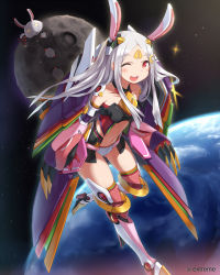 Rule 34 | 1girl, ;d, animal ears, boots, rabbit ears, carrot, claws, collarbone, crescent, crescent hair ornament, detached sleeves, dome, earth (planet), facial mark, fake animal ears, hair ornament, highres, long hair, looking at viewer, mecha musume, midriff, momoiro taisen pairon, moon, navel, one eye closed, open mouth, original, panties, red eyes, revealing clothes, screw, showgirl skirt, silver hair, smile, solo, space, star (symbol), thigh boots, thighhighs, torii, underwear, white panties, wide sleeves, wink, zenn