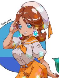 Rule 34 | 1girl, blue eyes, breasts, earrings, flower earrings, grin, hand up, hat, highres, jewelry, looking at viewer, mario (series), mario kart, mario kart tour, medium breasts, nintendo, princess daisy, princess daisy (sailor), sailor hat, shorts, smile, standing, tomboy