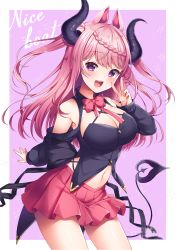Rule 34 | 1girl, :d, animal ears, armpits, black shirt, blush, bow, bowtie, breasts, cleavage, clothing cutout, copyright request, curled horns, demon girl, demon horns, demon tail, fangs, hand up, highres, horns, long hair, long sleeves, medium breasts, navel, open mouth, pink hair, pleated skirt, puffy long sleeves, puffy sleeves, purple background, purple eyes, red bow, red bowtie, red skirt, shirt, shoulder cutout, skirt, sleeves past wrists, smile, solo, star (symbol), starry background, tail, two-tone background, two side up, very long hair, virtual youtuber, w, wakuta chisaki, white background