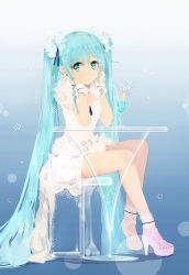 Rule 34 | 1girl, aqua eyes, aqua hair, bba1985, blush, chair, head rest, commentary request, dress, drink, drinking straw, full body, hatsune miku, high heels, highres, long hair, looking at viewer, revision, sitting, smile, solo, stool, table, twintails, very long hair, vocaloid, white dress