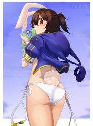 Rule 34 | 1girl, ?, animal ears, animal hood, artist name, ass, bad id, bad pixiv id, baronia, battle spirits, bikini, bikini bottom only, blush, brown hair, crop top, from behind, hair between eyes, half updo, highres, hood, hoodie, looking at viewer, looking back, open clothes, open hoodie, puffy short sleeves, puffy sleeves, rabbit ears, rabbit tail, red eyes, short hair, short ponytail, short sleeves, side-tie bikini bottom, solo, spoken question mark, sweat, swimsuit, tail, the beach trickster, towel, trickster (battle spirits), white bikini, wristband
