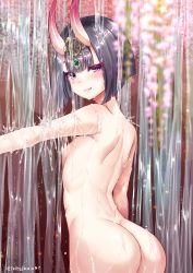 Rule 34 | 1girl, ass, black hair, blunt bangs, bob cut, breasts, closed mouth, cowboy shot, fang, fate/grand order, fate (series), highres, horns, huge ass, light smile, looking at viewer, nude, oni, outstretched arm, purple eyes, short hair, shuten douji (fate), skin-covered horns, small breasts, solo, teltelhousi, twitter username, water, wet