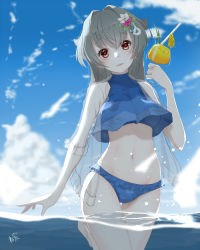 Rule 34 | 1girl, beach, bikini, blue bikini, blue sky, breasts, cloud, cloudy sky, collarbone, cup, day, drink, drinking straw, frilled bikini, frills, grey hair, hair between eyes, hair ornament, holding, holding cup, horizon, jingei (kancolle), kantai collection, large breasts, long sleeves, navel, neve (morris-minicooper), ocean, official alternate costume, outdoors, partially submerged, red eyes, see-through, sky, solo, swimsuit, turtleneck, wading, water, whale hair ornament