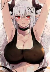 Rule 34 | 1girl, 3:, arknights, armpits, arms up, blush, breasts, cleavage, closed mouth, covered erect nipples, earrings, frown, grey hair, hair ornament, highres, horns, huge breasts, jewelry, kyuu (plastic night q), long hair, looking at viewer, material growth, mudrock (arknights), mudrock (elite ii) (arknights), oripathy lesion (arknights), pointy ears, red eyes, simple background, solo, sports bra, sweat, upper body, very long hair, white background