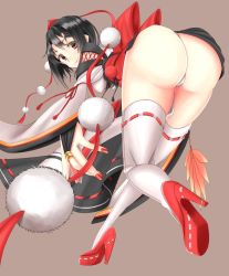Rule 34 | 1girl, alternate costume, ass, bad id, bad pixiv id, bent over, black hair, blush, breasts, bridal gauntlets, brown background, brown eyes, cameltoe, fingernails, from behind, full body, hand fan, hat, high heels, highres, hiyo koiro, huge ass, japanese clothes, kourindou tengu costume, leaning, leaning forward, legs, long fingernails, looking at viewer, nail polish, panties, pumps, ribbon-trimmed legwear, ribbon trim, shameimaru aya, sharp fingernails, short hair, simple background, smile, solo, thighhighs, thighs, tokin hat, touhou, underwear, white thighhighs, wide hips
