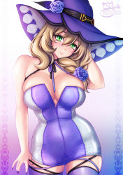 Rule 34 | 1girl, absurdres, arm behind head, bare arms, bare shoulders, blonde hair, blue background, breasts, closed mouth, dress, flower, genshin impact, gradient background, green eyes, hair flower, hair ornament, hat, hat flower, highres, large breasts, lisa (genshin impact), looking at viewer, microdress, nail polish, patreon username, pink background, purple dress, purple flower, purple hat, purple nails, purple rose, purple thighhighs, rose, sevie, skindentation, smile, solo, strapless, strapless dress, thighhighs, thighs, twitter username, white background, witch hat