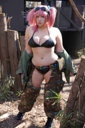 Rule 34 | breasts, camouflage, chouzuki maryou, goggles, highres, hip focus, large breasts, looking at viewer, military, photo (medium), pink hair, plump, short twintails, thick thighs, thighs, twintails, undressing, wide hips