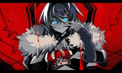 Rule 34 | 1girl, absurdres, ange katrina, black nails, blue eyes, crown, fang, fur trim, hair between eyes, highres, holding, holding crown, king (vocaloid), mouth pull, nail polish, nijisanji, papa-kun (destiny549-2), parody, short hair, sitting, solo, spot color, throne, triangle hair ornament, virtual youtuber, vocaloid