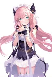 Rule 34 | 1girl, alternate costume, animal ears, azur lane, bii bii (bronzeii002), cat ears, cheshire (azur lane), cheshire (azur lane) (cosplay), closed mouth, commentary, commission, cosplay, dress, enmaided, fake animal ears, frilled dress, frills, garter straps, green eyes, hands up, heart, heart-shaped pupils, highres, long hair, looking at viewer, maid, maid headdress, pink hair, skeb commission, smile, solo, steepled fingers, symbol-shaped pupils, theseus (azur lane), thighhighs, white garter straps, white thighhighs