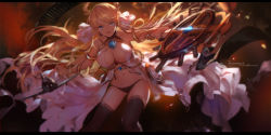 Rule 34 | 1girl, absurdres, aircraft, airplane, artist name, azur lane, babydoll, backlighting, bare arms, bare shoulders, black panties, black thighhighs, blonde hair, blue eyes, breasts, broken, broken chain, chain, character name, cleavage, collarbone, explosion, foreshortening, gem, hair ornament, hair ribbon, hairclip, highres, holding, holding staff, large breasts, leaning forward, letterboxed, long hair, looking at viewer, motion blur, navel, outstretched arm, panties, ribbon, solo, staff, standing, swd3e2, swept bangs, thighhighs, turret, underwear, very long hair, victorious (azur lane), white ribbon