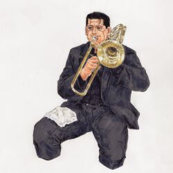 Rule 34 | 1boy, alternate costume, black hair, cropped legs, facial hair, formal, goatee stubble, golden kamuy, highres, instrument, instrument request, kikuta mokutaro, male focus, mature male, music, mustache stubble, pants, peregrine 20, playing instrument, scar, scar on face, scar on forehead, short hair, siting, solo, stubble, suit, thick eyebrows