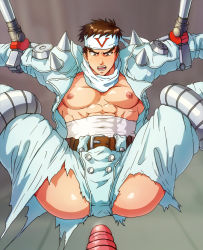 Rule 34 | 1boy, abs, ass, bara, blush, brown hair, bulge, capcom, crotch, cyberbots, forced, headband, highres, male focus, muscular, nipples, pectorals, restrained, saotome jin, sex toy, solo focus, tentacles, tentacles on male, torn clothes