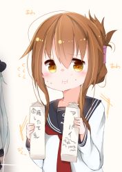 Rule 34 | 10s, 2girls, :i, blush, brown eyes, brown hair, commentary request, flying sweatdrops, folded ponytail, food, food on face, gurantsu, hibiki (kancolle), highres, inazuma (kancolle), kantai collection, long hair, long sleeves, looking at viewer, milk carton, multiple girls, neckerchief, school uniform, serafuku, sidelocks, silver hair, sweat, translation request
