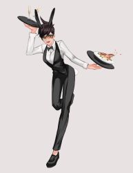 Rule 34 | 1girl, absurdres, alcohol, alternate costume, animal ears, bad id, bad twitter id, black bow, black bowtie, black footwear, black pants, black vest, bow, bowtie, brown eyes, brown hair, champagne, collared shirt, cup, dress shirt, drinking glass, ear piercing, fake animal ears, food, formal, freckles, full body, goggles, grey background, hand up, highres, holding, holding plate, leg up, long sleeves, neosnim, open mouth, overwatch, overwatch 1, pants, piercing, plate, rabbit ears, rabbit tail, shirt, shoes, simple background, solo, standing, standing on one leg, tail, teeth, tracer (overwatch), vest, white shirt