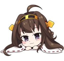 Rule 34 | 10s, 1girl, :3, ahoge, brown hair, chibi, hairband, ilris, japanese clothes, kantai collection, kongou (kancolle), looking at viewer, lowres, lying, personification, purple eyes, solo, wide sleeves