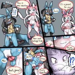 Rule 34 | !, !!, !?, 1boy, 1futa, abs, animal ears, animal penis, blue sclera, breasts, clitoral hood, clitoris, close-up, colored sclera, comic, constricted pupils, creatures (company), cuntboy, cuntboy with male, doggystyle, english text, erection, fang, femdom, furry, futanari, game freak, gen 4 pokemon, gen 6 pokemon, grey background, grin, half-closed eyes, heart, highres, interspecies, jewelry, kneeling, knotted penis, lucario, magic, medium breasts, motion lines, multiple views, newhalf, nintendo, nipples, open mouth, penis, personification, pokemon, pokemon (creature), pokephilia, pussy, pussy juice, red eyes, ring, ruishin, sex, sex from behind, simple background, smile, speech bubble, spoken heart, spread legs, standing, surprised, sweat, sylveon, tail, talking, teeth, testicles, text focus, thought bubble, urethra, vaginal, white eyes, wolf ears