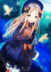 Rule 34 | 1girl, abigail williams (fate), black bow, black dress, blonde hair, blue eyes, bow, bug, butterfly, cowboy shot, dress, fate/grand order, fate (series), hair bow, highres, holding, holding stuffed toy, insect, long hair, looking at viewer, night, orange bow, outdoors, parted bangs, polka dot, polka dot bow, short dress, shorts, shorts under dress, sleeves past wrists, solo, standing, stuffed animal, stuffed toy, tatsukisan, teddy bear, white polka dots, white shorts