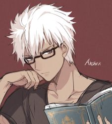 Rule 34 | 1boy, archer (fate), bad id, bad twitter id, bespectacled, black-framed eyewear, black eyes, book, character name, dark skin, dark-skinned male, fate/stay night, fate (series), glasses, ichinose yukino, looking at viewer, male focus, red background, shirt, sketch, solo, t-shirt, upper body, white hair